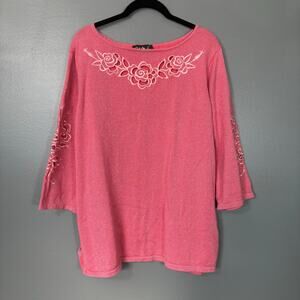 Bob Mackie Wearable Art Pink Floral Cutouts Embroidered Sweater - XL - Coquette